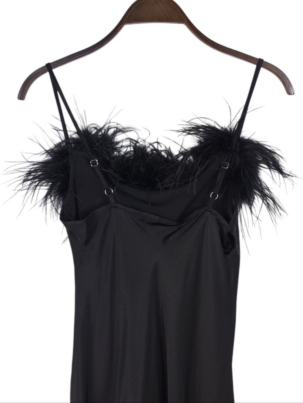 Sleeper Boheme Satin Midi Slip Dress Black Ostrich Feather Trim - Picture 8 of 12